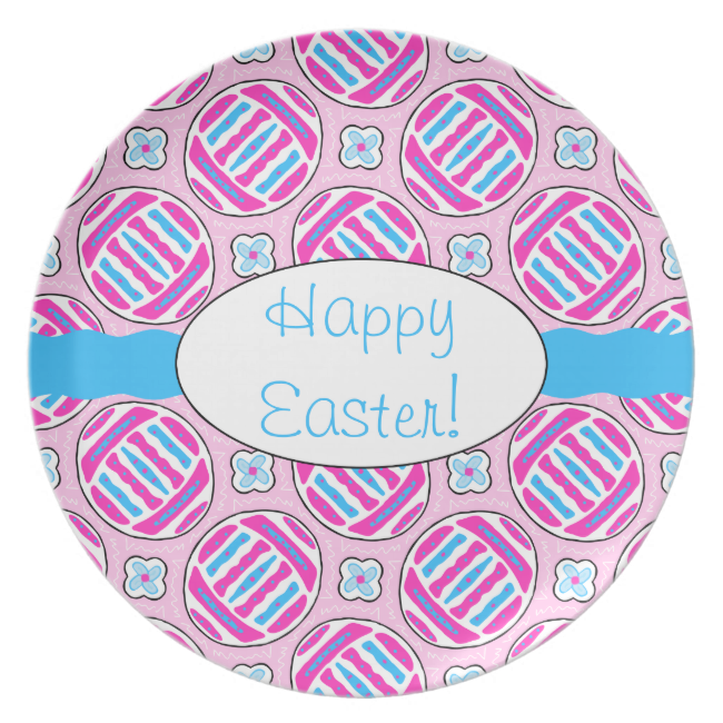 Pink and Blue Colorful Easter Eggs and Flowers Plate
