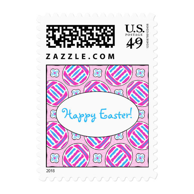 Pink and Blue Colorful Easter Eggs and Flowers Stamps
