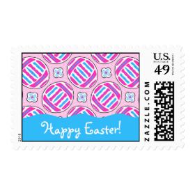 Pink and Blue Colorful Easter Eggs and Flowers Postage