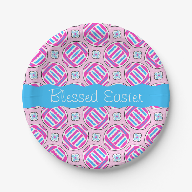 Pink and Blue Colorful Easter Eggs and Flowers 7 Inch Paper Plate