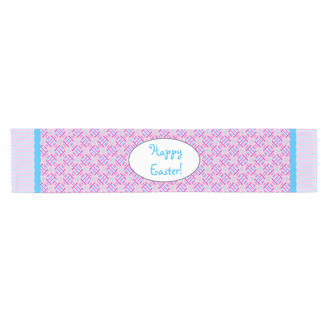 Pink and Blue Colorful Easter Eggs and Flowers Short Table Runner