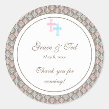 Pink and Blue Damask Cross Favor Sticker