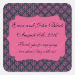 Pink and Blue Damask Wedding Favor Thank You Square Stickers