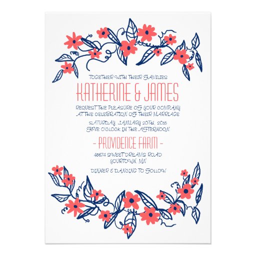 Pink and Blue Floral Banners Wedding Invitation