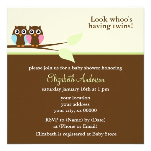 Pink and Blue Owls Baby Shower Announcement (front side)