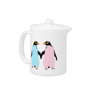 Pink and blue penguins holding hands.