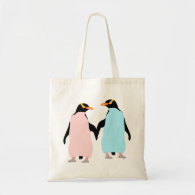 Pink and blue Penguins holding hands Budget Tote Bag