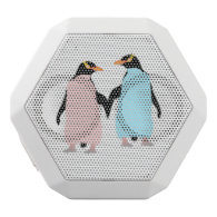 Pink and blue Penguins holding hands. White Boombot Rex Bluetooth Speaker