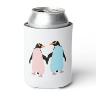 Pink and blue Penguins holding hands Can Cooler