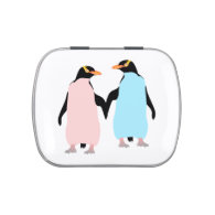 Pink and blue Penguins holding hands. Candy Tins