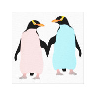 Pink and blue Penguins holding hands. Gallery Wrap Canvas