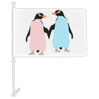Pink and blue Penguins holding hands. Car Flag