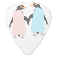 Pink and blue Penguins holding hands. White Delrin Guitar Pick