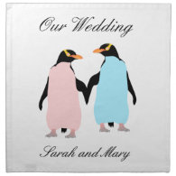 Pink and blue Penguins holding hands. Cloth Napkin
