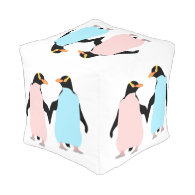 Pink and blue Penguins holding hands. Cube Pouf
