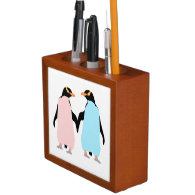 Pink and blue Penguins holding hands Pencil/Pen Holder