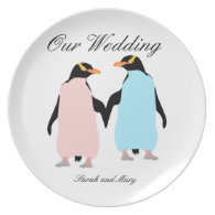 Pink and blue Penguins holding hands. Dinner Plate