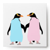 Pink and blue Penguins holding hands. Envelopes
