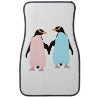 Pink and blue Penguins holding hands Floor Mat
