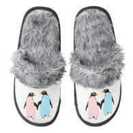 Pink and blue Penguins holding hands. Pair Of Fuzzy Slippers