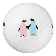 Pink and blue Penguins holding hands. Pack Of Golf Balls
