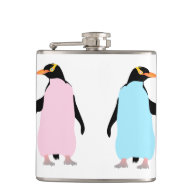 Pink and blue Penguins holding hands. Hip Flasks