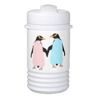 Pink and blue Penguins holding hands. Igloo Beverage Cooler