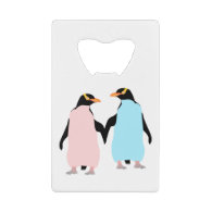 Pink and blue Penguins holding hands. Wallet Bottle Opener
