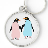 Pink and blue Penguins holding hands Silver-Colored Round Keychain
