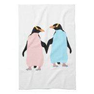 Pink and blue Penguins holding hands. Kitchen Towels
