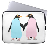 Pink and blue Penguins holding hands. Computer Sleeves