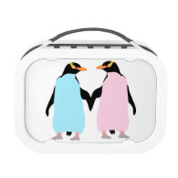 Pink and blue Penguins holding hands. Lunchbox