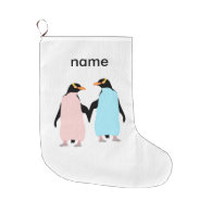 Pink and blue Penguins holding hands. Large Christmas Stocking