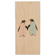 Pink and blue Penguins holding hands. Wood USB 2.0 Flash Drive