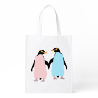 Pink and blue Penguins holding hands. Market Totes