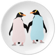 Pink and blue Penguins holding hands. Porcelain Plates