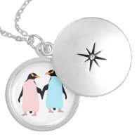 Pink and blue Penguins holding hands Round Locket Necklace