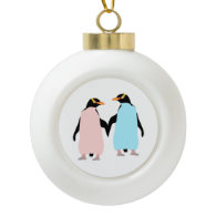 Pink and blue Penguins holding hands. Ceramic Ball Ornament
