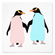 Pink and blue Penguins holding hands. Photographic Print