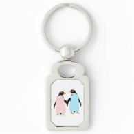 Pink and blue Penguins holding hands. Silver-Colored Rectangle Keychain