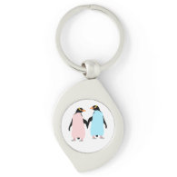 Pink and blue Penguins holding hands Silver-Colored Swirl Keychain