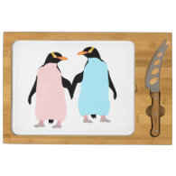 Pink and blue Penguins holding hands. Rectangular Cheeseboard