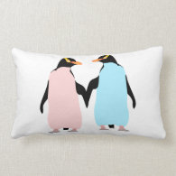 Pink and blue Penguins holding hands. Throw Pillows