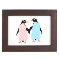 Pink and blue Penguins holding hands. Keepsake Boxes