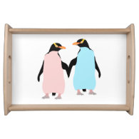 Pink and blue Penguins holding hands. Serving Trays