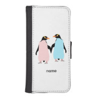 Pink and blue Penguins holding hands iPhone 5 Wallet Cases