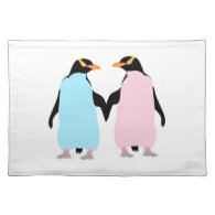 Pink and blue penguins holding hands. place mats