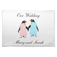 Pink and blue Penguins holding hands Cloth Place Mat