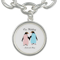 Pink and blue Penguins holding hands Charm Bracelet