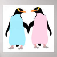 Pink and blue Penguins holding hands. Poster